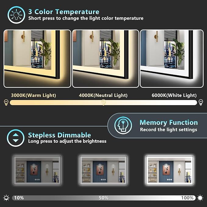 50x30 Black LED Bathroom Mirror, Backlit & Front Lit Lighted Mirror | Metal Framed Anti-Fog Vanity Mirror with Lights, 3 Color Dimmable, Memory, HD Tempered Glass, CRI95, UL Listed, Wall Mounted