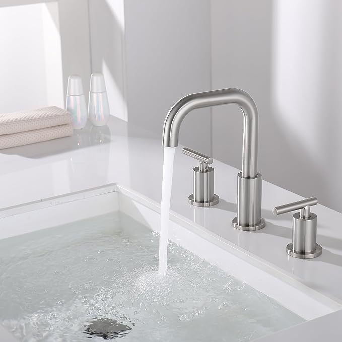 8 inch Brushed Nickel Widespread Bathroom Faucet, 2 Handle 3 Hole Bathroom Faucet with Sink Drain and Water Faucet Supply Hose, ChiLDano Bathroom Faucets CH3166BN | ChiLDano Satin Nickel Sink Faucet Bathroom with 360 Swivel Spout, Brushed Nickel Vanity...