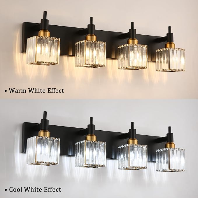 Gold Black Crystal Bathroom Lighting Fixtures, 4 Light Brass Modern Crystal Bathroom Vanity Lights Over Mirror Brass Bath Light