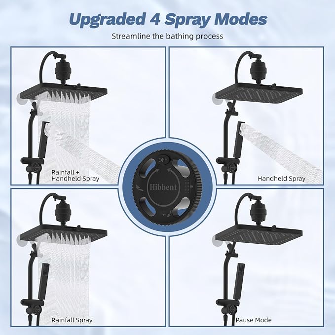 Hibbent 5-spray Filtered Rain Shower Head, 4-Spray Shower Wand, Matte Black | cUPC Certified High Pressure Rainfall Showerhead Combo, All Metal 4-way Diverter Extension Arm & Handheld Spray, 71'' Hose