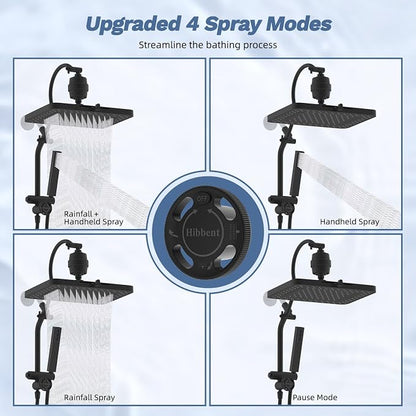 Hibbent 5-spray Filtered Rain Shower Head, 4-Spray Shower Wand, Matte Black | cUPC Certified High Pressure Rainfall Showerhead Combo, All Metal 4-way Diverter Extension Arm & Handheld Spray, 71'' Hose