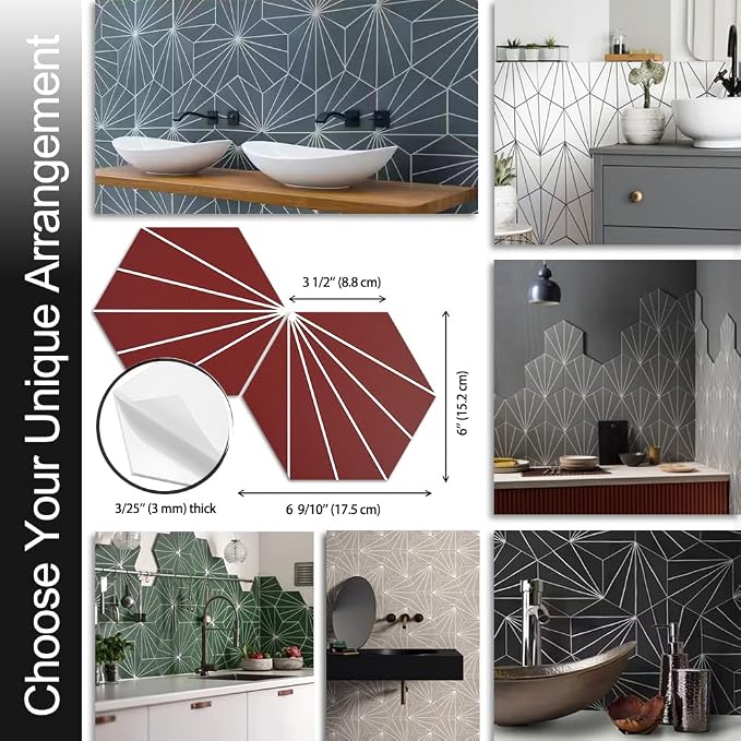 AULIGET Flower Vintage Hexagon Tile Peel and Stick Backsplash, 6"x7" Self Adhesive Wall Tiles in Red (Pack of 45)