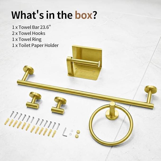 5-Piece Gold Bathroom Accessories Set Complete Wall Mounted | Includes Towel Bar, Paper Holder, Towel Ring, 2 Robe Hooks, durable gold finish and wall anchors