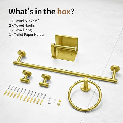 5-Piece Gold Bathroom Accessories Set Complete Wall Mounted | Includes Towel Bar, Paper Holder, Towel Ring, 2 Robe Hooks, durable gold finish and wall anchors