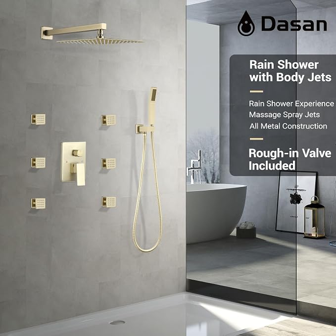 DASAN Full Body Shower System with 6 PCS Body Spray Jets & 12'' Rain Overhead Shower & Handheld, In-Wall Rain Shower System Brushed Gold Shower Faucets Sets Complete with Valve, SA-SS03ABG-S12W