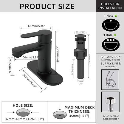 BELZ Bathroom Faucet, Single Handle Matte Black Sink Faucet for 1 or 3 Hole Installation, Modern Lead-Free Metal Vanity Faucet with Pop-Up Drain & Supply Hoses (Matte Black)