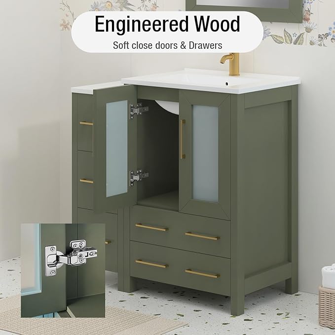 HOMEBEYOND 36 Inch Modern Bathroom Vanity with Sink & Mirror, Single Vanity Cabinet with Basin and Mirror, Dove-Tailed Drawers, Soft-Closing Doors, Wood, Vintage Green