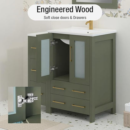 HOMEBEYOND 36 Inch Modern Bathroom Vanity with Sink & Mirror, Single Vanity Cabinet with Basin and Mirror, Dove-Tailed Drawers, Soft-Closing Doors, Wood, Vintage Green
