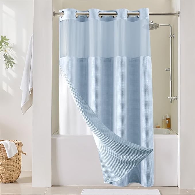 River Dream Cotton Blend Shower Curtain Set with Liner, Misty Blue, 54x80 | Waffle Weave, No Hook Needed, with Snap in Replacement Liner, Top Sheer Window, Hotel Quality Fabric for Bathroom