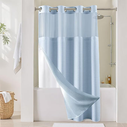 River Dream Cotton Blend Shower Curtain Set with Liner, Misty Blue, 54x80 | Waffle Weave, No Hook Needed, with Snap in Replacement Liner, Top Sheer Window, Hotel Quality Fabric for Bathroom