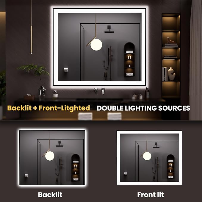 LOAAO 48"X40" LED Bathroom Mirror Black Framed | Anti-Fog, Dimmable, Memory Function, Tempered Glass, Lighted Vanity Mirror for Wall