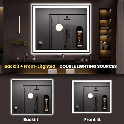 LOAAO 48"X40" LED Bathroom Mirror Black Framed | Anti-Fog, Dimmable, Memory Function, Tempered Glass, Lighted Vanity Mirror for Wall