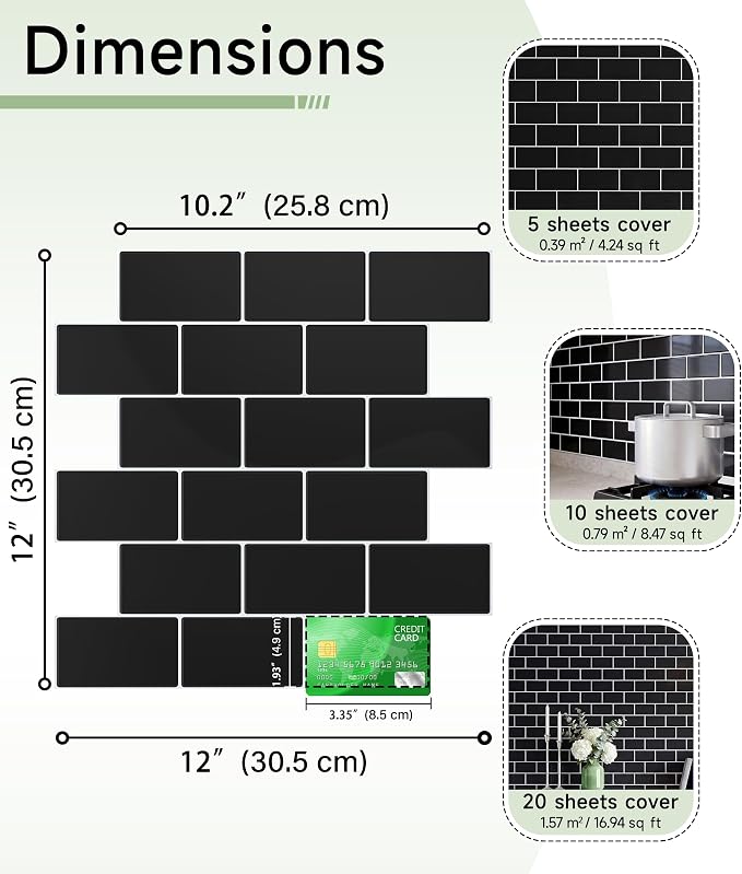 Peel and Stick Backsplash for Kitchen: Self Adhesive Wall Tiles for Bathroom - Vinyl Thick Back Splash Tile (10, Black)
