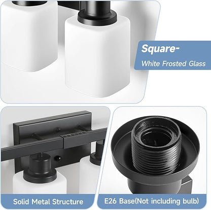 6 Light Bathroom Vanity Light, Modern Matte Black Bathroom Light Fixtures with Square Frosted Glass, Wall Sconces fixtures Over Mirror Restroom,Living Room Hallway E26