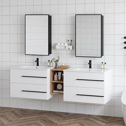 72 Inch Floating Double Sink Bathroom Vanity, Modern Bathroom Vanity with Double Sink, Wall Mounted Bathroom Vanity Cabinet with Large Storage Drawers, White&Natural