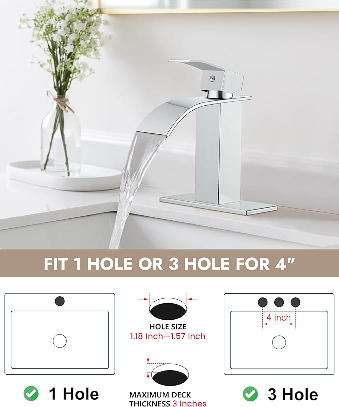 Midanya Bathroom Faucet with Waterfall Spout, Single Hole or 3-Hole Deck Mount, 304 Stainless Steel Sink Faucet with Pop-Up Drain, RV Vanity Compatible,Polish Chrome