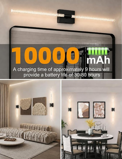 Crystal Bubble Rechargeable Wall Sconces Set of 2, Wireless Modern Lights | 10000mAh, Remote Control, 3000K-6000K Dimmable, 360° Adjustable, Ambient Lighting for Living Room, Bedroom, Picture, Bathroom