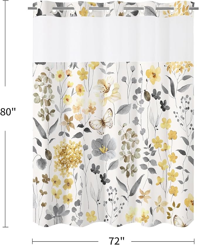 No Hook Yellow Watercolor Floral Shower Curtain and Liner Set, 72x80 | Spring Flower Shower Curtains with Snap-in Liner for Farmhouse Bathroom Decor, Botanical Bathroom Curtain with Leaves
