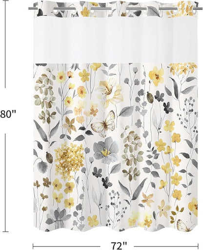 No Hook Yellow Watercolor Floral Shower Curtain and Liner Set, 72x80 | Spring Flower Shower Curtains with Snap-in Liner for Farmhouse Bathroom Decor, Botanical Bathroom Curtain with Leaves