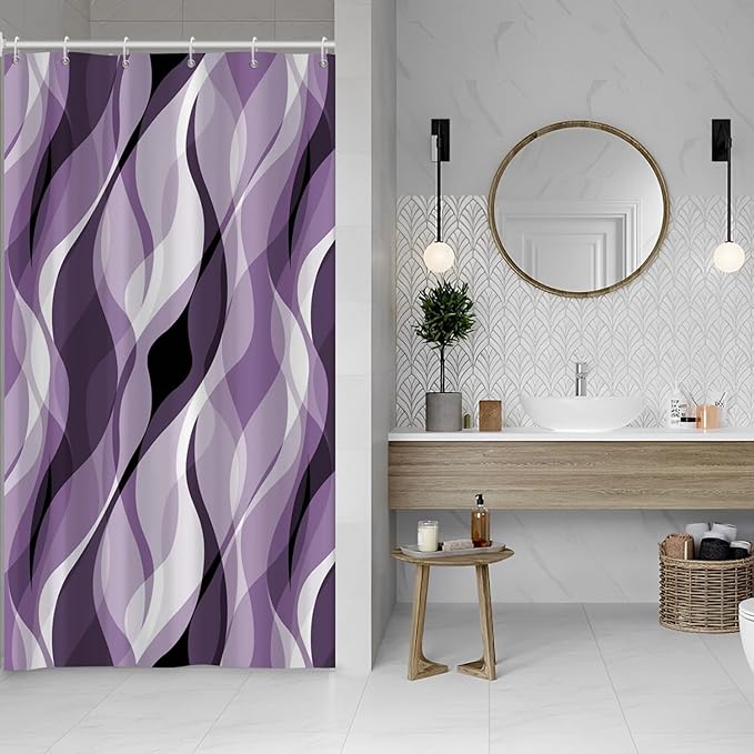 Purple Shower Curtain, Modern Abstract Purple and Grey Striped Shower Curtain for Bathroom Waterproof Lavender Shower Curtain Set with Hooks, 48x72 Inch