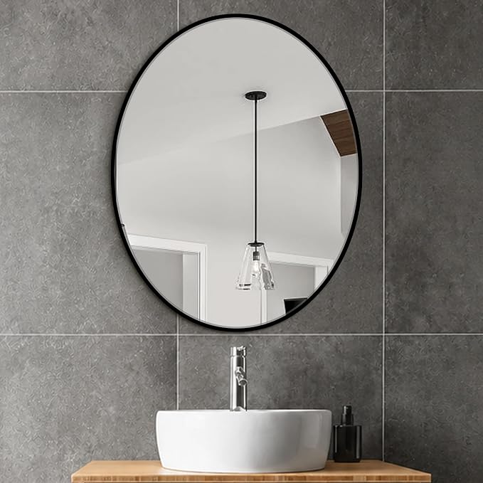 28x22 Black Oval Bathroom Mirror for Over Sink, Aluminum Frame | HD Reflection No Distortion, Aluminum Frame, Mounting Hardware for Vertical or Horizontal Mount