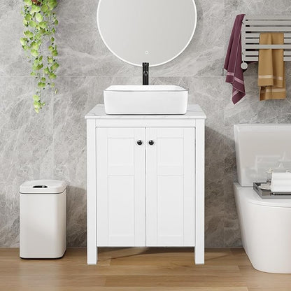 24" White Bathroom Vanity with Marble Texture Top, Traditional Standing Pedestal Cabinet Without Sink