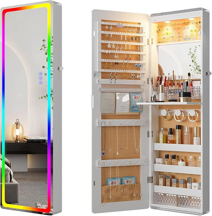 HNEBC Over the Door Jewelry Organizer with LED RGB Lights, 47.2" Full Length Mirror with Storage, Wall Mounted Jewelry Armoire, Hanging Mirror with 2 Drawers,Lokable,3 Shelves-White