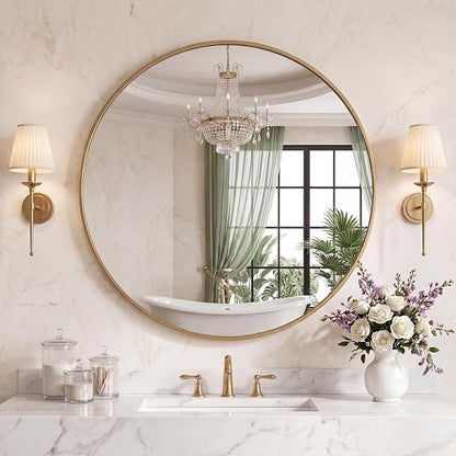 Sweetcrispy 36 Inch Round Wall Mirror, Bathroom Mirrors for Over Sink | Matte Metal Framed, Wall Decor for Bedroom, Entryway, Anti-Rust, Tempered Glass, Hanging or Leaning, Gold