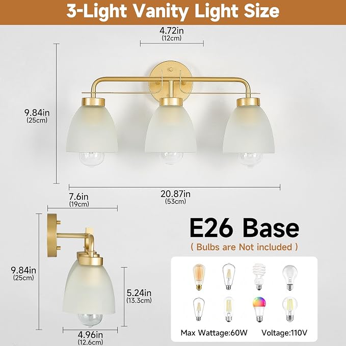 21 Inch Mid-Century Modern Vanity Lights, 3-Light Golden Bathroom Light Fixture with Frosted White Bell Shades, Industrial Wall Sconce for Mirror Over Vanity, Bedroom, Hallway