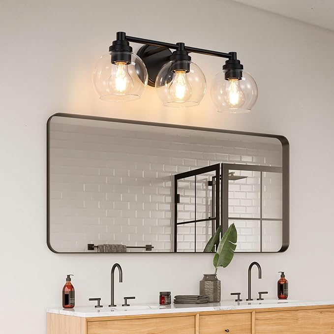 Upgrade Matte Black Bathroom Light Fixtures, Modern Vanity Light with Globe Glass Shade, 3-Light Bathroom Lights Over Mirror, Vanity Lights for Bathroom Bedroom Kitchen Hallway Living Room