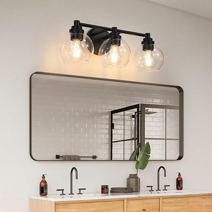 Upgrade Matte Black Bathroom Light Fixtures, Modern Vanity Light with Globe Glass Shade, 3-Light Bathroom Lights Over Mirror, Vanity Lights for Bathroom Bedroom Kitchen Hallway Living Room