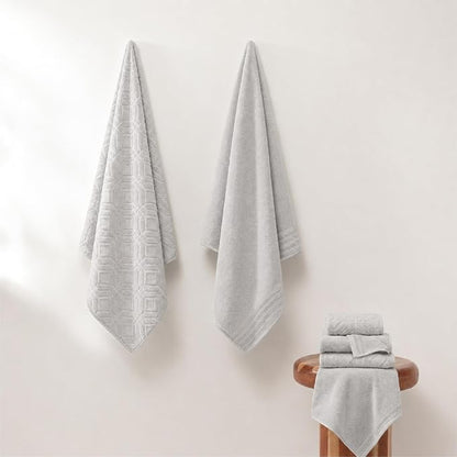 Modern Threads 6 Piece Cotton Bath Towel Set – Ultra Soft 550 GSM Towels – Bathroom Set with Hand Towels and Washcloths – Geometric (Silver Cloud)