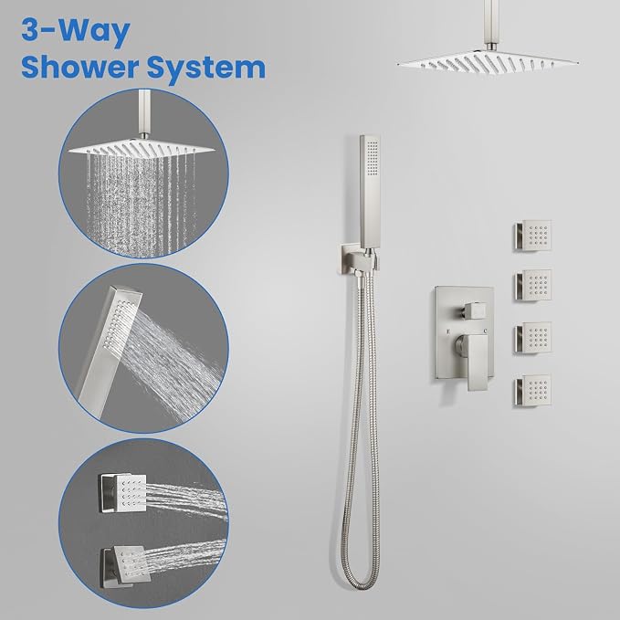 gotonovo Ceiling Shower System with 4pcs Full Body Jets,Brushed Nickel | SUS304 12’’ Rain Shower Head with Handheld Spray,Brass Body Message Jets,Ceiling Mount,Rough-in Valve and Trim Kit,All Metal