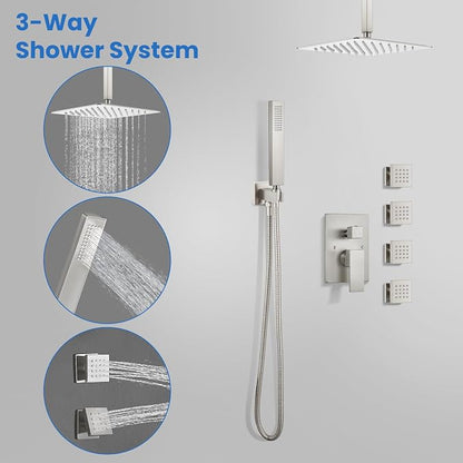 gotonovo Ceiling Shower System with 4pcs Full Body Jets,Brushed Nickel | SUS304 12’’ Rain Shower Head with Handheld Spray,Brass Body Message Jets,Ceiling Mount,Rough-in Valve and Trim Kit,All Metal