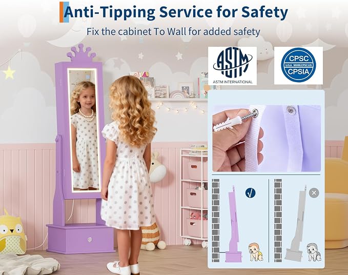GarveeHome Kids Jewelry Armoire,Child Jewelry Cabinet with Led Light,Freestanding Jewelry Organizer with Full-Length Mirror,3 Storage Drawers,Kids Vanity Dress Up Mirror Cabinet for Girls（Purple）