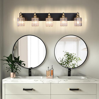 She's home 5-Light Vanity Lights for Bathroom: Black Gold Vanity Lights with Crystal Glass Shade, Modern Crystal Bathroom Light Fixtures Over Mirror, 34inch Black Gold Wall Sconce for Bath, E26 Base