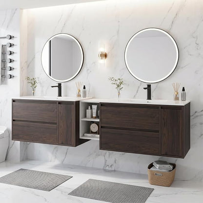 84 Inch Modern Floating Double Sink Bathroom Vanity, Wall-Mounted with Seamless Ceramic Top, Rounded Corners, Full-Extension Soft-Close Drawers & Concealed Drainage, White