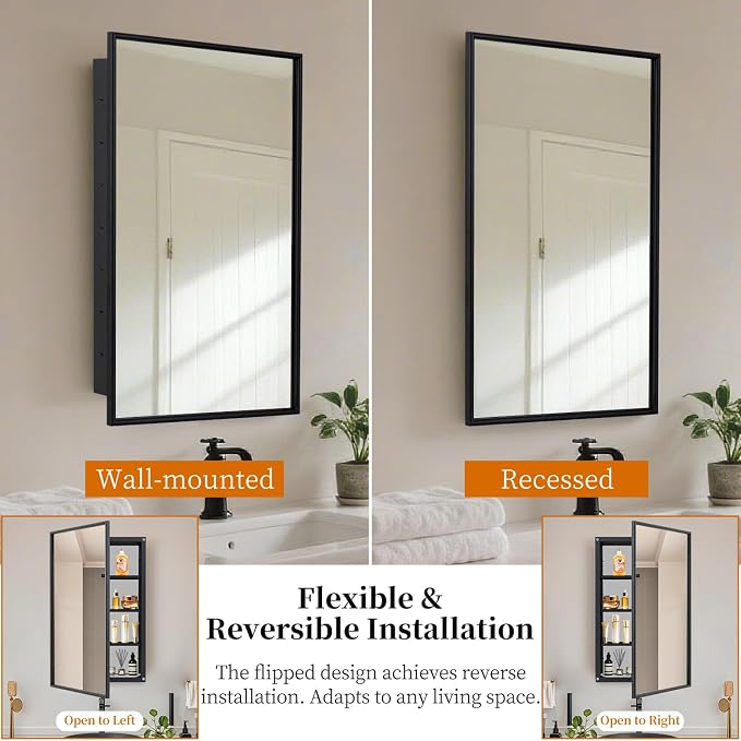Black Bathroom Medicine Cabinet with Mirror Squared Rectangle Metal Frame Recessed Or Wall Mounted Single Door Storage Medicine Cabinets with 3 Adjustable Shelves (Black, 20 * 30'')