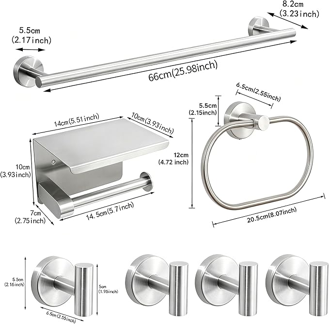 7-Piece Bathroom Hardware Accessories Set, SUS304 Towel Bar, Silver | 25.9-Inch Towel Rack, Oval Towel Ring, Toilet Paper Holder with Shelf & 4 Robe Towel Hooks, Wall-Mounted Towel Holder Set