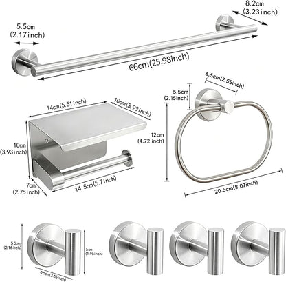 7-Piece Bathroom Hardware Accessories Set, SUS304 Towel Bar, Silver | 25.9-Inch Towel Rack, Oval Towel Ring, Toilet Paper Holder with Shelf & 4 Robe Towel Hooks, Wall-Mounted Towel Holder Set
