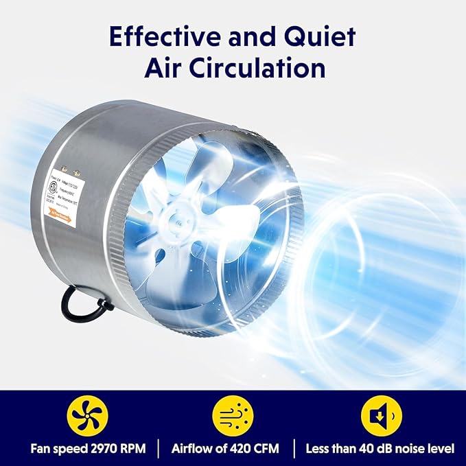 Simple Deluxe 8 Inch Inline Fan 420 CFM, HVAC Booster Exhaust Ventilation Fan with Low Noise for Basements, Bathrooms, Kitchens, Attics and Grow Tents, Silver
