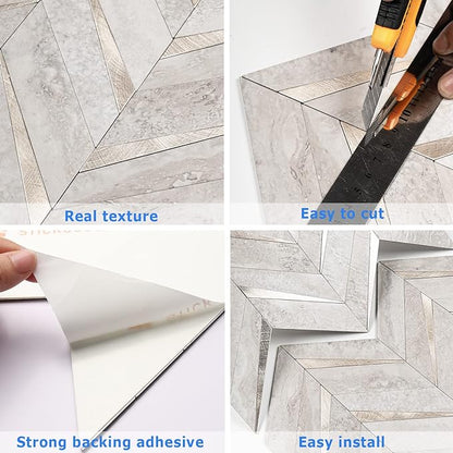 STICKGOO 10-Sheet Herringbone Tile Peel and Stick Backsplash, Beige Mixed Metal Gold PVC Stick on Backsplash, Self Adhesive Wall Tile for Kitchen and Bathroom | 10-Sheet Self Adhesive Wall Tiles, Beige Mixed Metal Gold PVC Stick on Backsplash Tile for ...