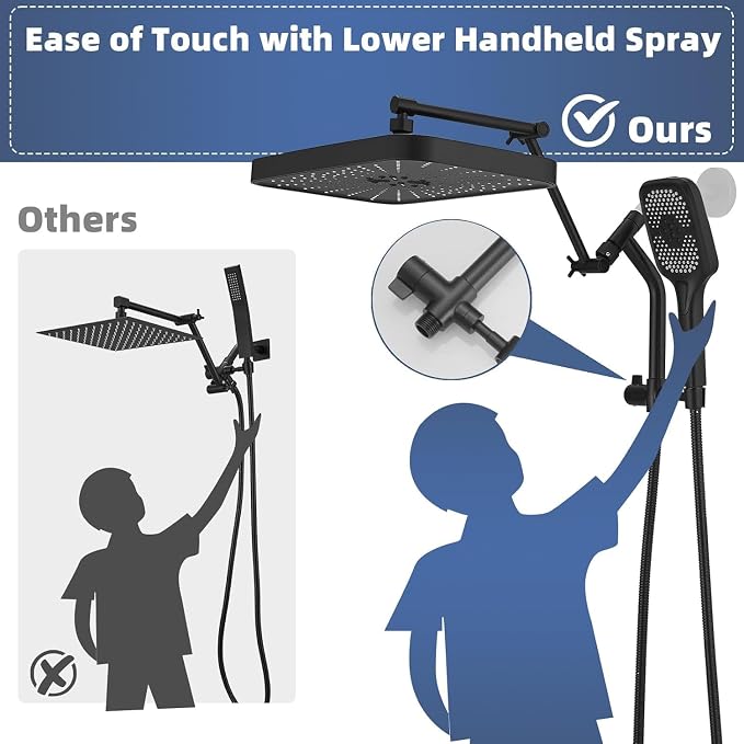 14" High Pressure Rain/Rainfall Shower Heads With Handheld Spray Combo (3+1 Settings & Built-in Power Wash Mode), Double/Dual Shower Head With Handheld - Height/Angle Adjustable(Matte Black)