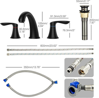 Bathroom Faucet, 8 Inch Bathroom Faucets for Sink 3 Hole, Widespread Brushed Nickel Bathroom Faucet with Pop up Drain and cUPC Lead-Free Hose (Matte Black)
