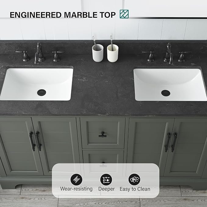 HOMEBEYOND 60 Inch Bathroom Vanity with Double Sink & Ceramic Top, Vanity Cabinet with Center Countertop Basin, Soft-Closing Doors, Backsplash,Vintage Green