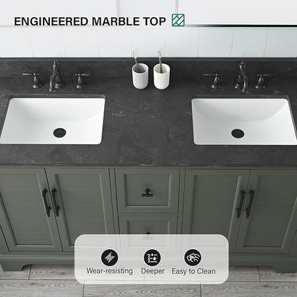 HOMEBEYOND 60 Inch Bathroom Vanity with Double Sink & Ceramic Top, Vanity Cabinet with Center Countertop Basin, Soft-Closing Doors, Backsplash,Vintage Green