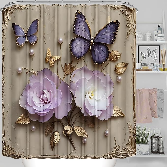 Chrainy 4pcs Vintage Butterfly Shower Cutain Set Bathroom Decor with Rugs | Bath Accessories with Waterproof Curtain, Bath Mat, Toilet Lid Cover, U-Shaped Rug and 12 Hooks for Washroom, 71*71in