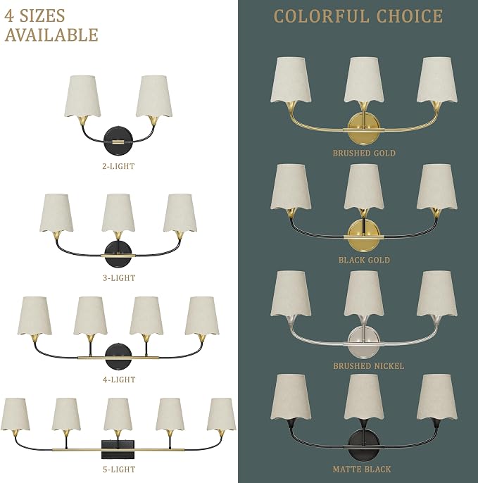 Morauroral Bathroom Light Fixtures Over Mirror, 4 Light Vanity Light for Bathroom, Black Gold Vanity Light Fixtures with Fabric Linen Shade, E26 Socket Sconce Wall Decor(ETL Listed)