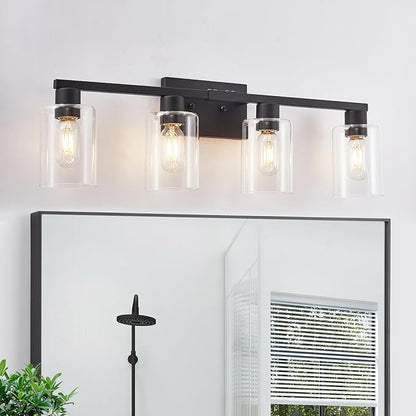 4 Light Bathroom Vanity Light Fixtures, Black Farmhouse Bathroom Vanity Light with Clear Glass Shade, Bathroom Lighting Fixtures Over Mirror, Vanity Lights for Bathroom Mirror