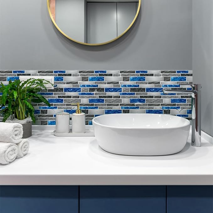 10 Sheets Peel and Stick Backsplash, Peel and Stick Tiles, Marble Look Wall Tiles Backsplash for Kitchen and Bathroom, Livingroom, 12”x12”,Blue&Grey